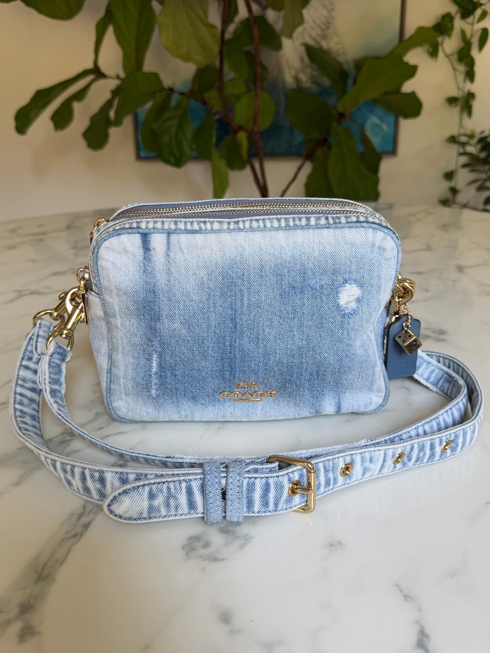 Coach Carey Crossbody Bag Loved Denim With Charms Gold Light Indigo Blue CEK67
